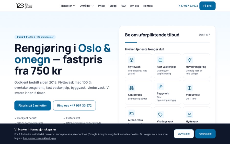 123Renholdstjenester.no svetainės ekrano vaizdas